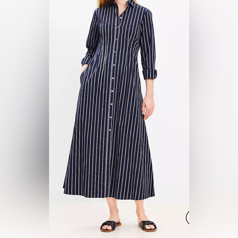 LOFT Navy and White Striped Long Sleeve Dress with pockets .